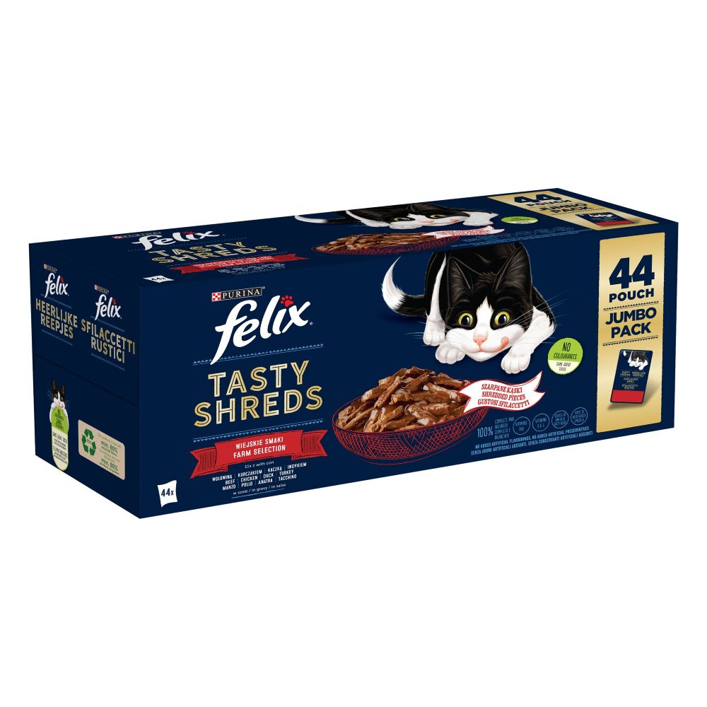 Felix TASTY SHREDS Jumbo Pack Hovězí/kuře/kachna/krůta 12x80g