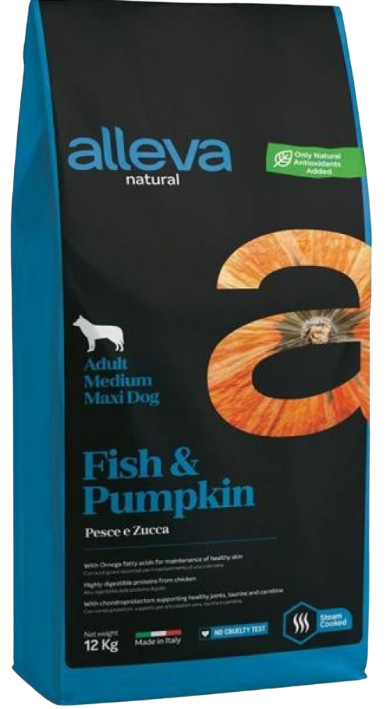 Alleva Natural Adult Fish & Pumpkin Medium/Maxi 12kg+2kg
