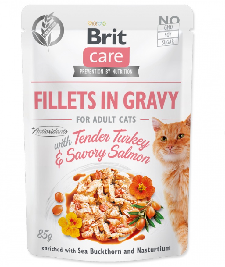 Brit Care Cat kapsička Fillets in Gravy with Tender Turkey & Savory Salmon 24x85g