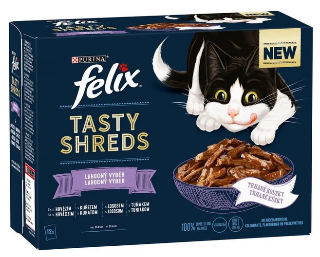 Felix Tasty Shreds Lahodný výběr hovězí/ kuře/ losos/ tuňák ve šťávě 12x80g