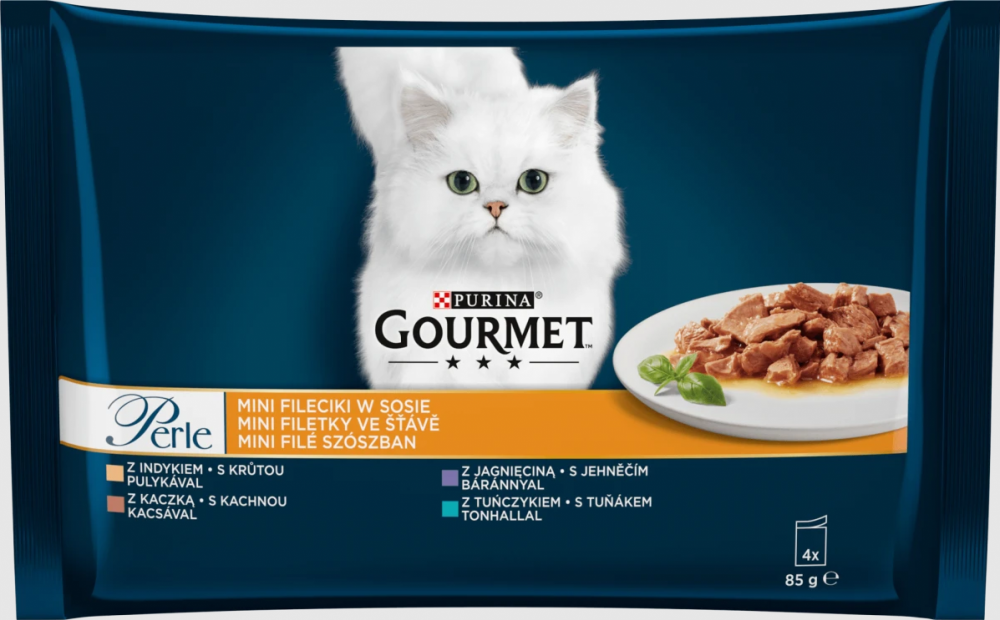 Gourmet Perle Mini Fillets krůta, tuňák, kachna, jehně 4x85g