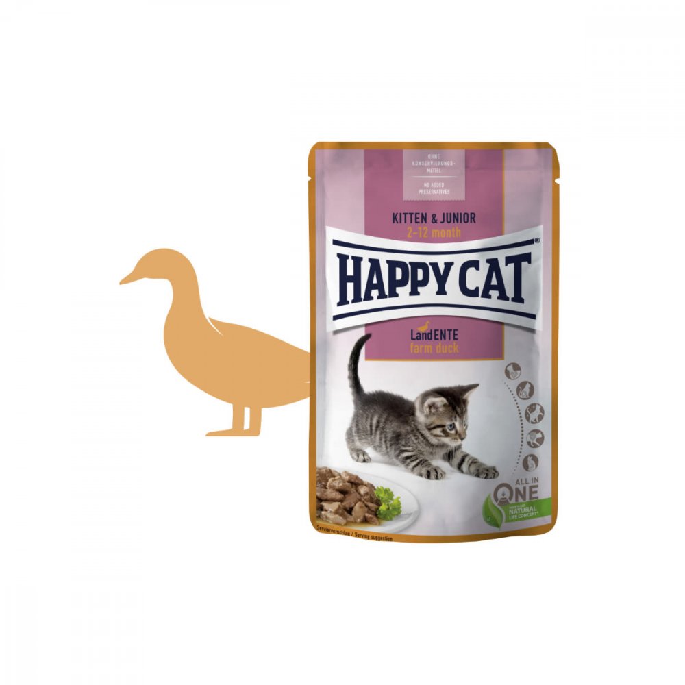 Happy Cat kapsička Meat in Sauce Kitten & Junior Land-Ente 24x85g