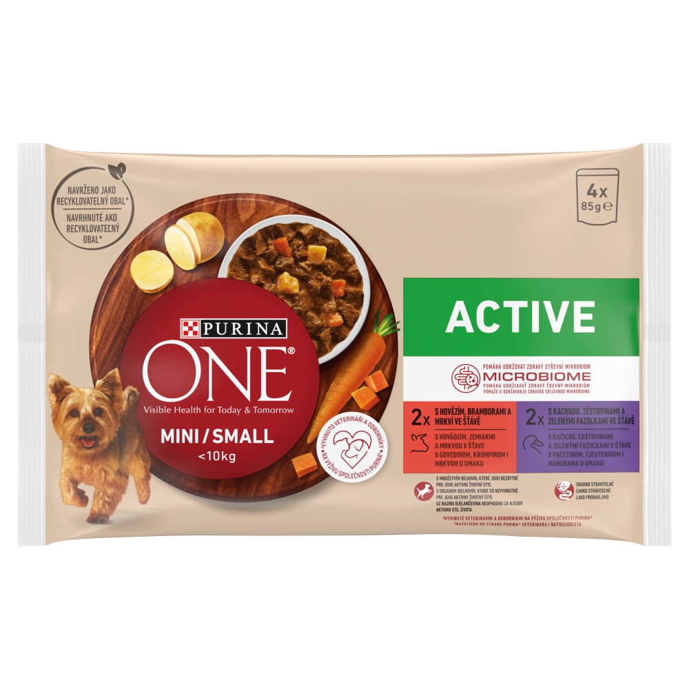 Purina One Dog Adult Mini/Small Active Hovězí a kachna ve šťávě 4x85g