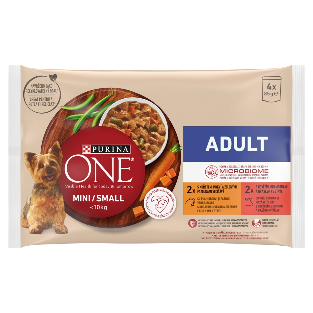 Purina One Dog Adult Mini/Small Kuře a hovězí ve šťávě 4x85g